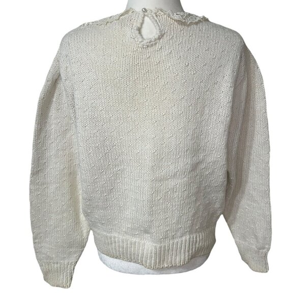 Vintage Bechamel White Christmas Sweater Red Bow Holly Lace Collar - Size Large - Picture 2 of 7